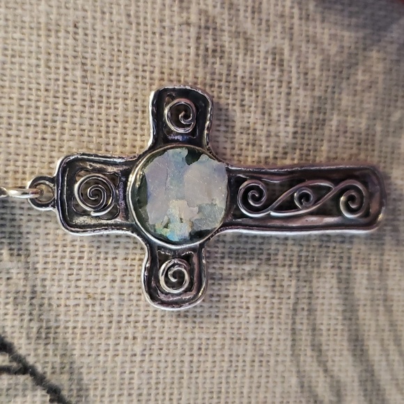 PZ Jewelry - Ancient Roman Glass Sterling Silver Cross Necklace with Chain